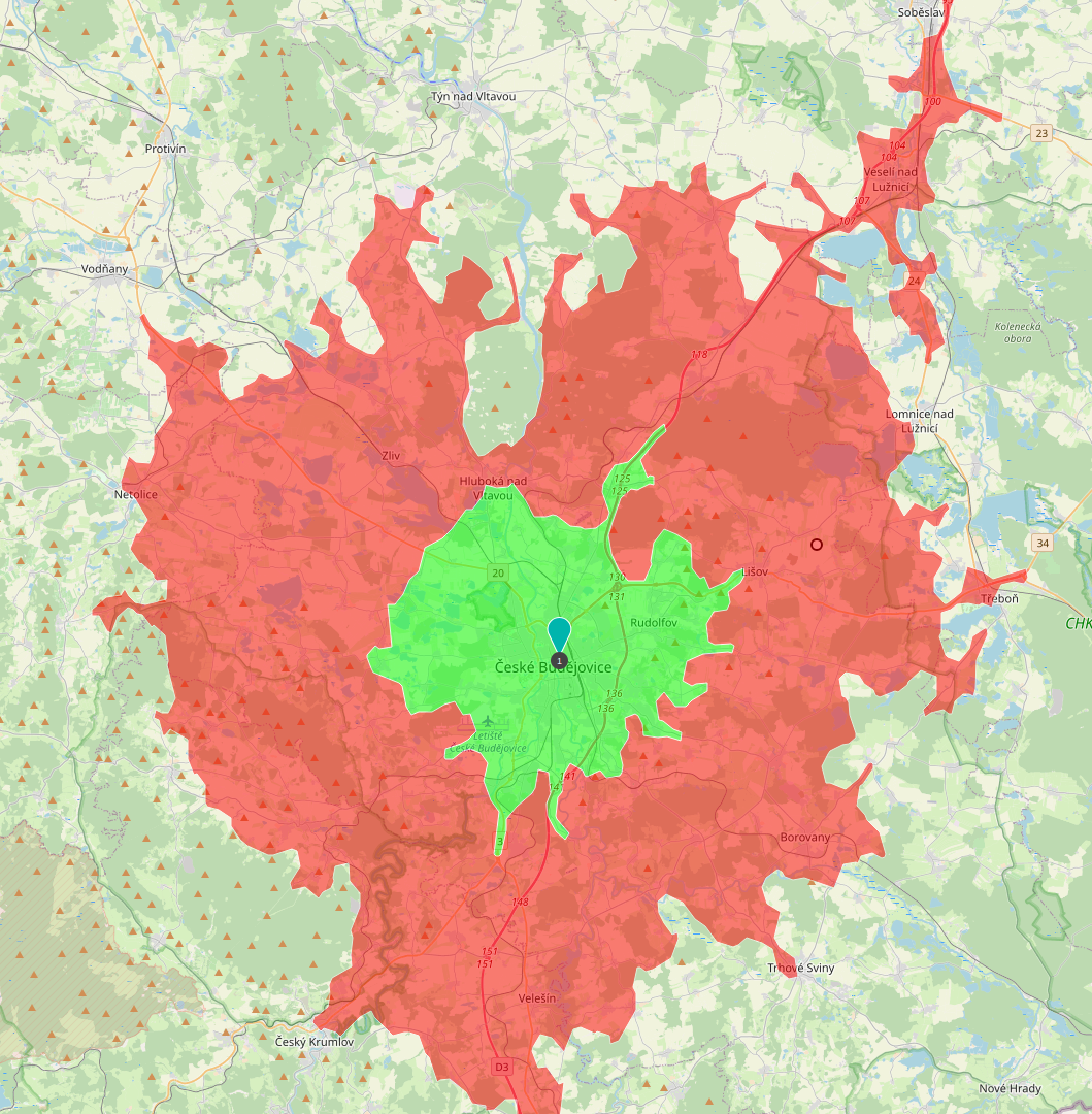Dojezdové vzálenosti 15min/30min